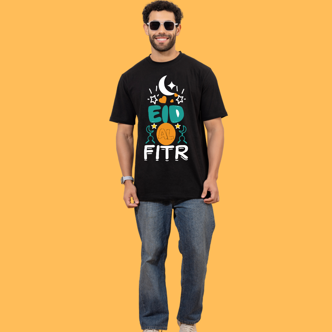 Eid Al Fitr Celebration T-Shirt, Black 100% Cotton, Festive Moon and Stars Design